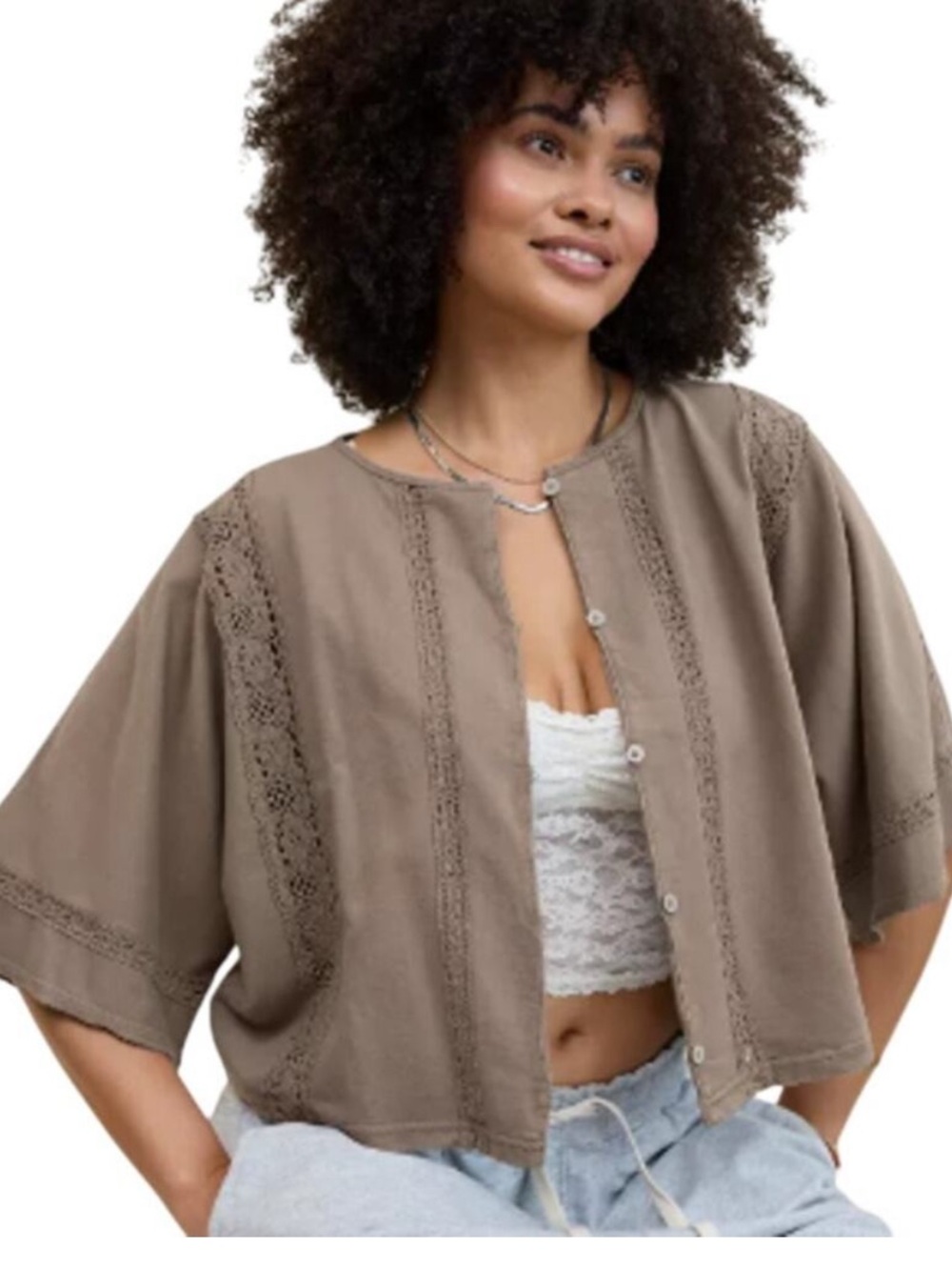 NWT aerie Short Sleeve Button Front Crochet Inset Beige Taupe Cardigan Top XL